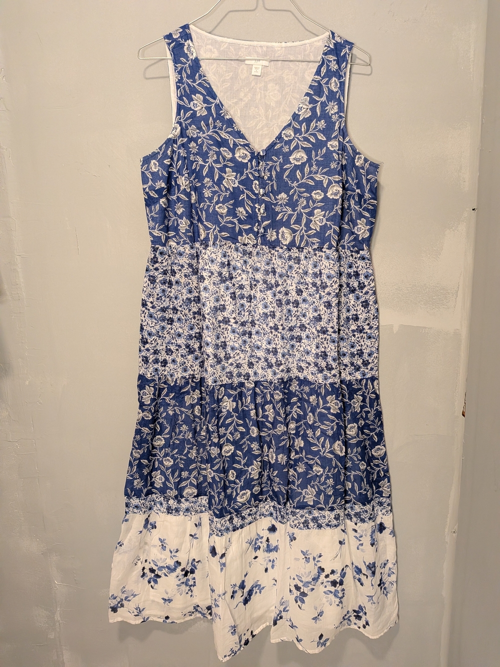 J. Jill Blue and White Floral Tiered Midi Dress - 100% Cotton
